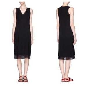 Vince Black V Neck Silk Fine Knit Layered Sleeveless Midi Dress
